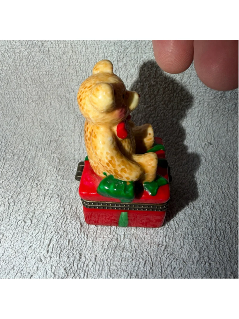 Vintage Small Hinged Trinket Box Christmas Present Teddy Bear Porcelain